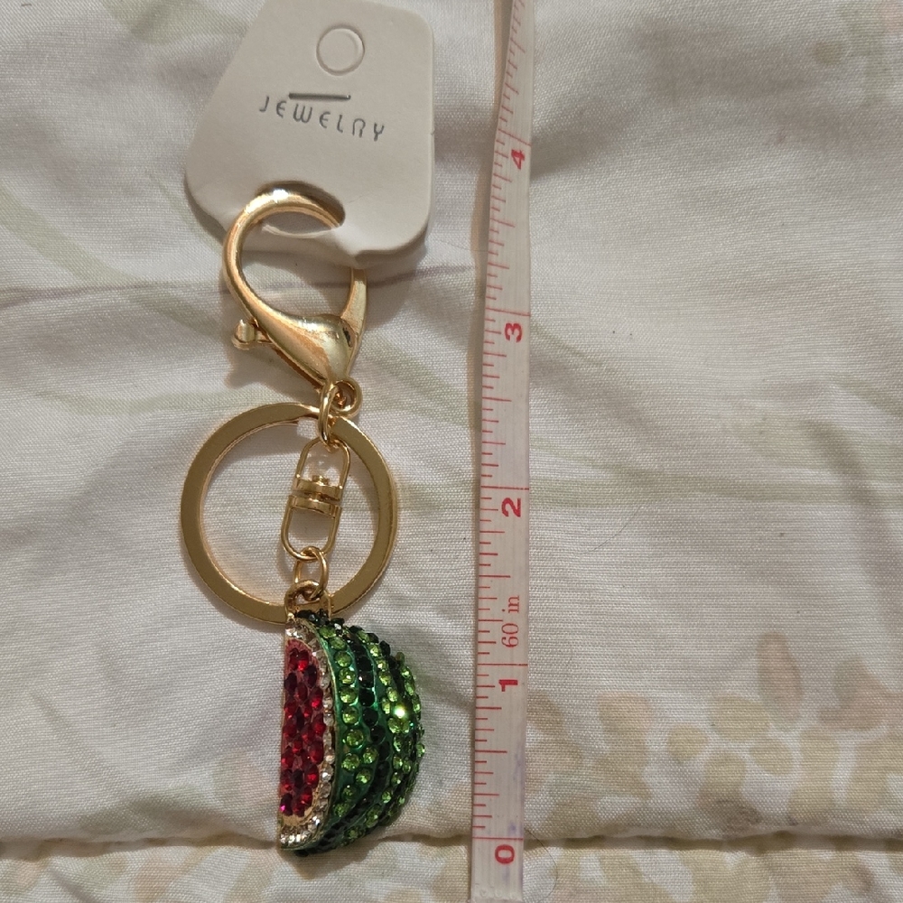 Gold-Tone Watermelon Charm Key & Card Holder with Red and Green Crystals
